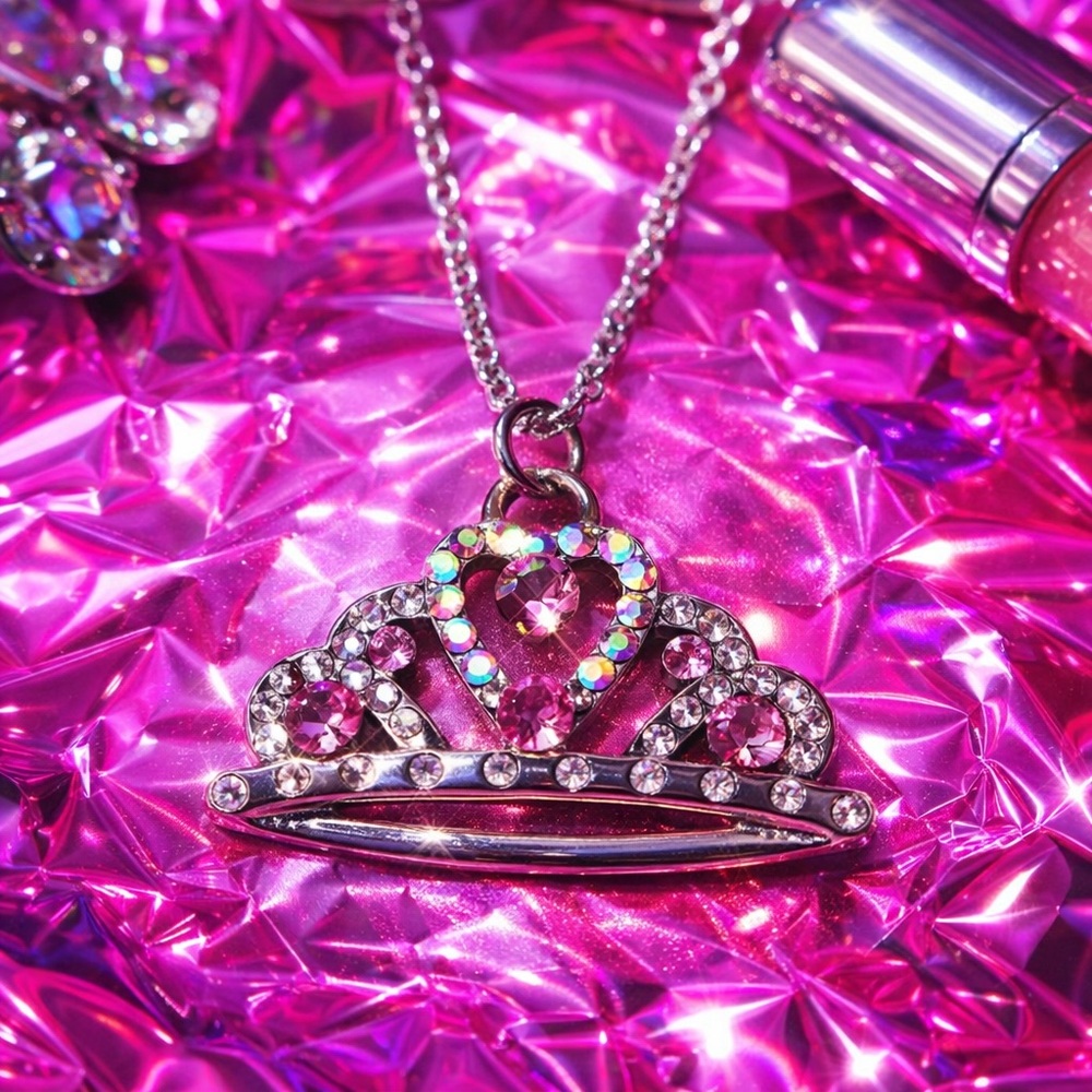 Tiara Necklace with Pink, Aurora Borealis, & Crystals Silver-Tone Princess Crown